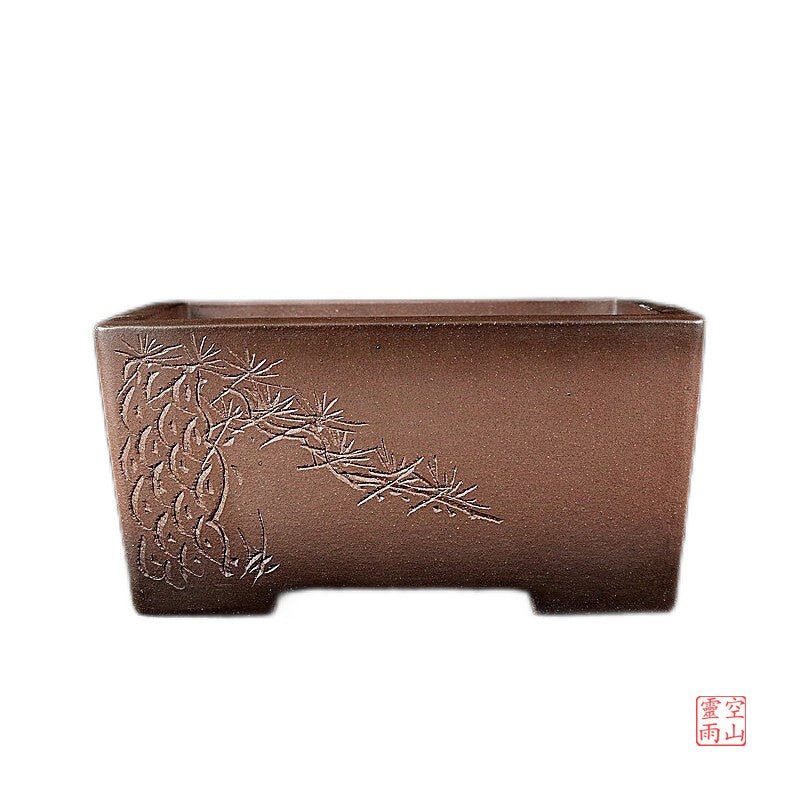 Yixing purple sand boutique bonsai pot fully handmade antique rectangular knife carved pine and cypress purple mud breathable bonsaipot