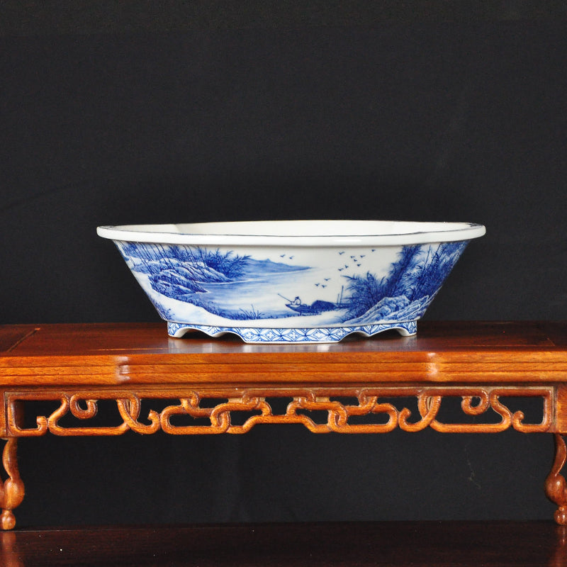 Hand-painted blue and white papaya glaze pot handmadepot bonsaipot