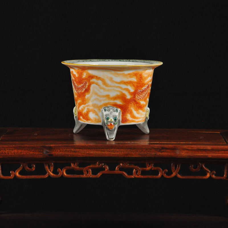 Hand-painted three-legged dragon pot handmade pot mamepot bonsaipot japanese pot